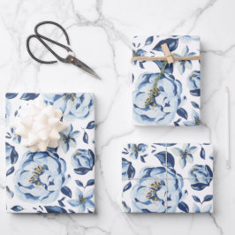 Französisches Vintages blaues Blumenmuster Geschenkpapier Set