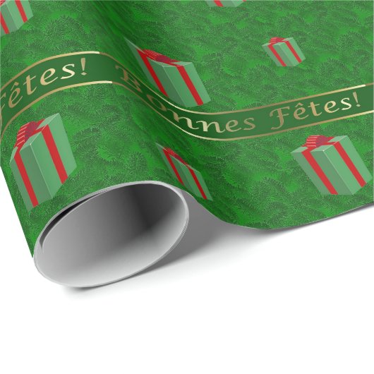 Französisches Weihnachtsgeschenk verpackt grünes Geschenkpapier (Rolleneckpunkt)