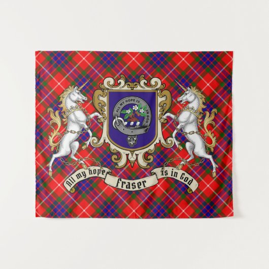 Fraser Clan Abzeichen & Unicorns mit Tartan Wandteppich (Vorderseite (Horizontal))