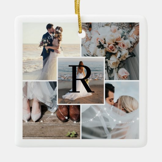 Frau 5 Foto Collage Erstes Weihnachtsmongramm Keramikornament (Vorderseite)