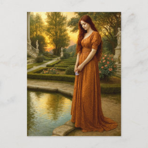 Frau am Gartenteich bei Sonnenuntergang Postkarte