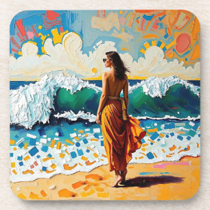 Frau am Strand Abstrakte Meer Kunst Personalisiert Getränkeuntersetzer