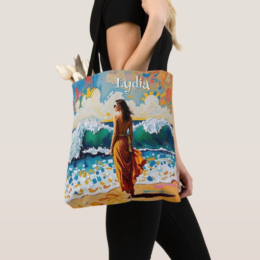 Frau am Strand Abstrakte Meer Kunst Personalisiert Tasche (Von Nahem)