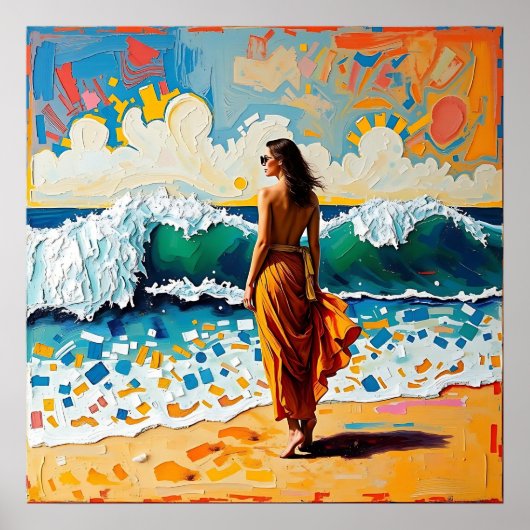 Frau am Strand Abstrakte Meer Kunst Poster (Vorne)