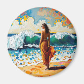 Frau am Strand Abstrakte Meereskunst Magnet (Vorne)