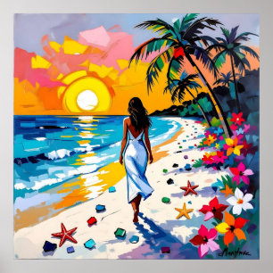 Frau am Strand Tropische Szene Poster
