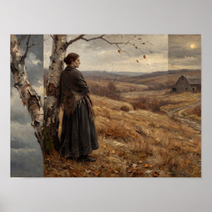 Frau an Birke mit Blick auf Herbstfarm Poster