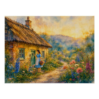 Frau an der Tür eines Cottage, Poster
