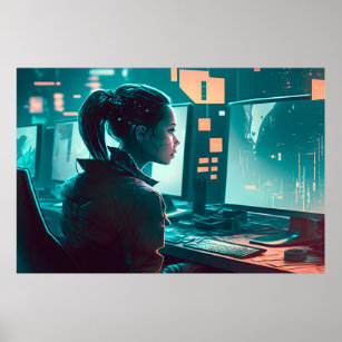 Frau an einem Computer in einer Stadt der Zukunft Poster
