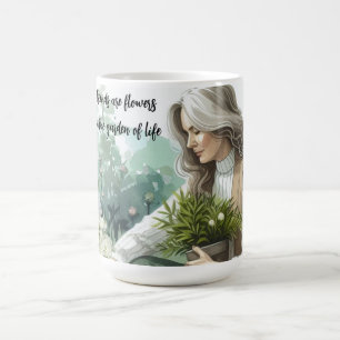Frau arbeitet in Blumengarten Freundschaftsbotscha Kaffeetasse