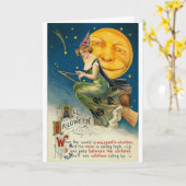 Frau auf Broomstick AllHalloween Karte (Gelbe Blume)