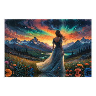 Frau auf dem Blumenfeld Sunrise über dem Bergsee Fotodruck