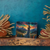 Frau auf dem Blumenfeld Sunrise über dem Bergsee Fotoplatte (Seite)