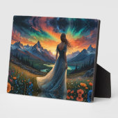 Frau auf dem Blumenfeld Sunrise über dem Bergsee Fotoplatte (Seite)