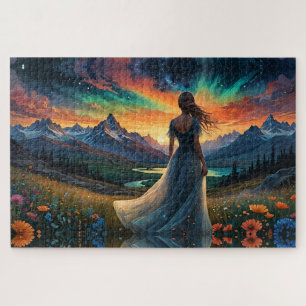 Frau auf dem Blumenfeld Sunrise über dem Bergsee Puzzle