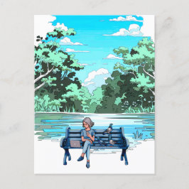 Frau auf der Bank mit Tauben Design Postkarte