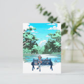 Frau auf der Bank mit Tauben Design Postkarte (Stehend Vorderseite)