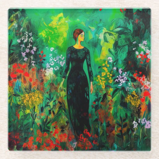 Frau auf der schönen grünen Wiese Glasuntersetzer (Vorderseite)