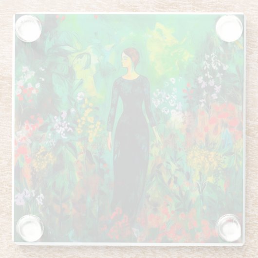 Frau auf der schönen grünen Wiese Glasuntersetzer (Rückseite)