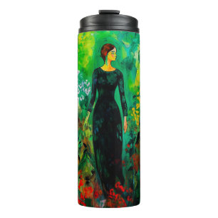 Frau auf der schönen grünen Wiese Thermosbecher