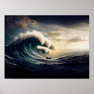 Frau auf einem kleinen Boot, die den Ozean segelt Poster