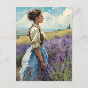 Frau auf einem Lavendelfeld Vintage Postkarte