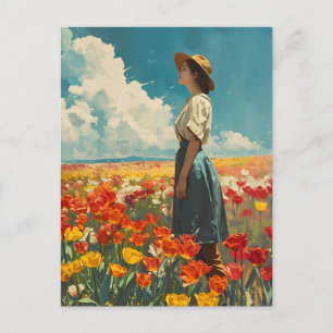 Frau auf farbenfrohem Tulpenfeld Vintage Postkarte