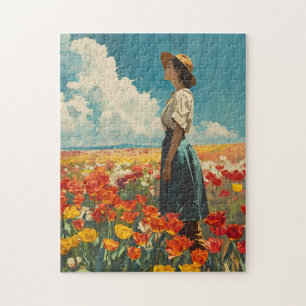 Frau auf farbenfrohem Tulpenfeld Vintage Puzzle