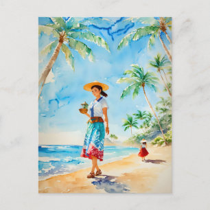 Frau auf Hawaii Beach Wasserfarbe, Vintag Postkarte