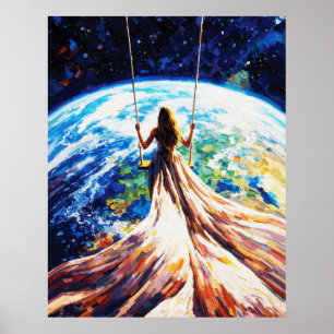 Frau auf Schaukel über der Erde Impasto-Ölgemälde Poster