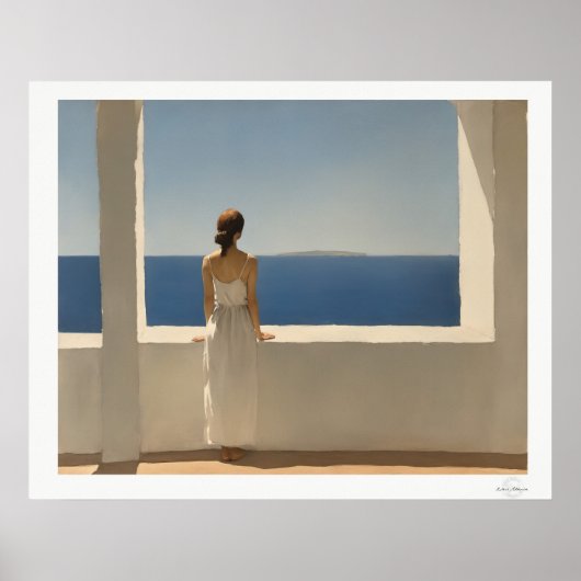 Frau auf Terrasse mit Blick auf das Meer Poster (Vorne)
