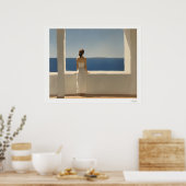 Frau auf Terrasse mit Blick auf das Meer Poster (Küche)