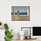 Frau auf Terrasse mit Blick auf das Meer Poster (Heimbüro)