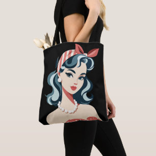 Frau aus den 1950er Jahren trägt farbenfrohe Kunst Tasche