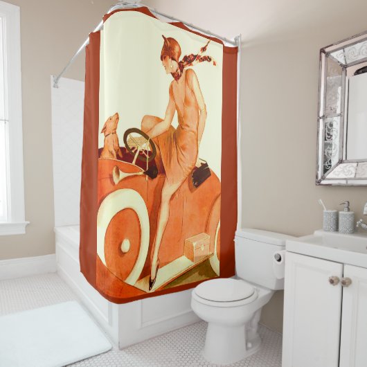 Frau, Auto und Hund der 20er Jahre Duschvorhang (Beispiel)