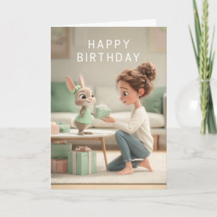 Frau & Baby-Bunny in mintgrünem Kleid Geburtstag Karte