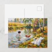 Frau badet im Teich mit Cavalier Spaniel Postkarte (Vorne/Hinten)