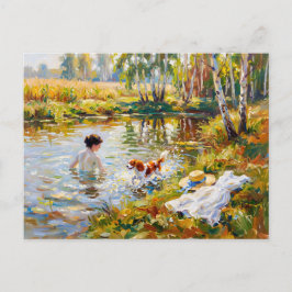 Frau badet im Teich mit Cavalier Spaniel Postkarte