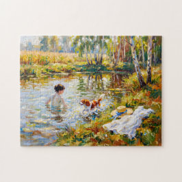 Frau badet im Teich mit Cavalier Spaniel Puzzle