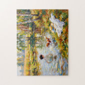 Frau badet im Teich mit Cavalier Spaniel Puzzle (Vertikal)