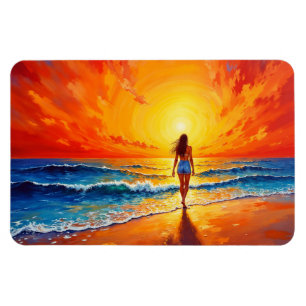 Frau beim Gehen am Strand des Ozeans bei warmem So Magnet