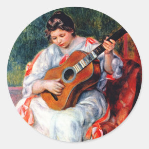 Frau beim Gitarrespielen von Pierre Renoir Runder Aufkleber
