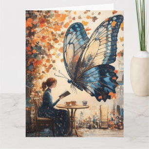 Frau beim Lesen mit riesigem Schmetterling abstrak Karte