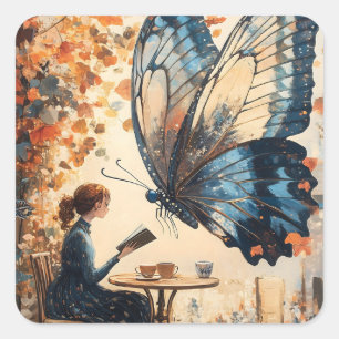 Frau beim Lesen mit riesigem Schmetterling abstrak Quadratischer Aufkleber