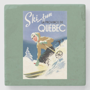 Frau beim Skifahren - Plakat auf Englisch und Fran Steinuntersetzer