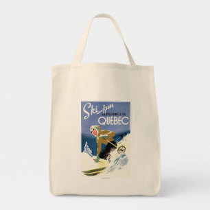Frau beim Skifahren - Plakat auf Englisch und Fran Tragetasche