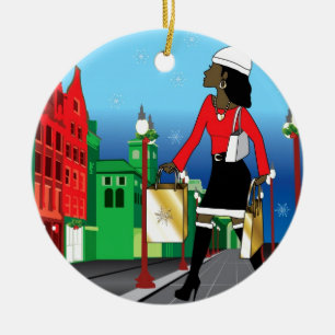 Frau beim Weihnachtseinkaufen mit Taschen modisch Keramikornament