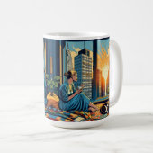 Frau beobachtet den Sonnenaufgang mit ihrer Katze Kaffeetasse (VorderseiteRechts)