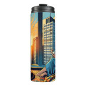 Frau beobachtet den Sonnenaufgang mit ihrer Katze Thermosbecher (Vorderseite)