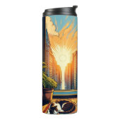 Frau beobachtet den Sonnenaufgang mit ihrer Katze Thermosbecher (Nach links gedreht)